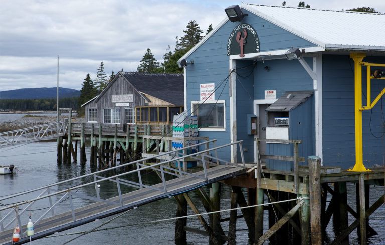 Cranberry Isles Fishermen’s Co-op building and gangway on the Islesford waterfront