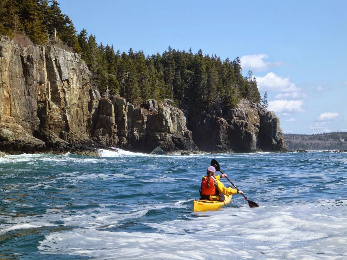 Sea kayakers paddling along the Maine coast