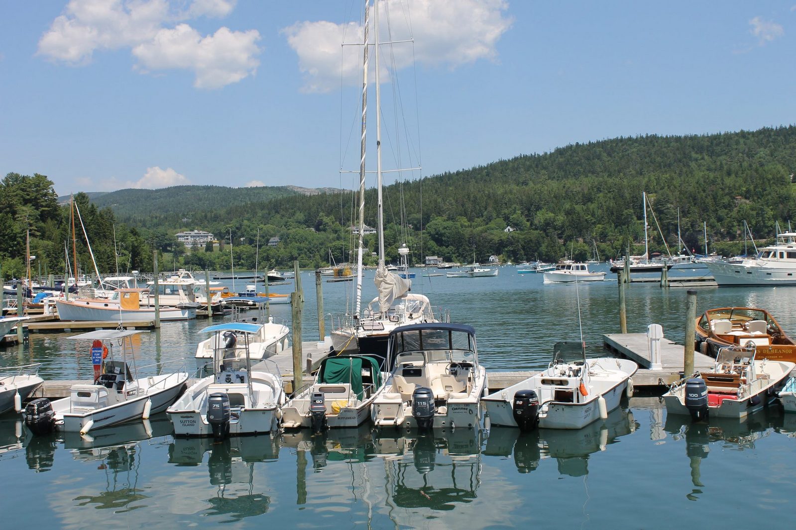 Boats moored in Northeast Harbor, Maine